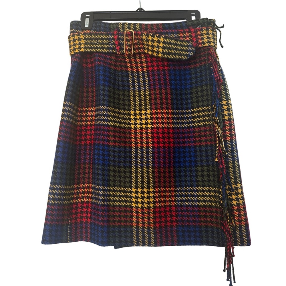 VINTAGE Mondi colorful plaid wool skirt with belt and fringe - size 38 / M